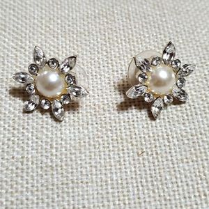 Silver Tone Fox Pearl Halo Stud Earrings